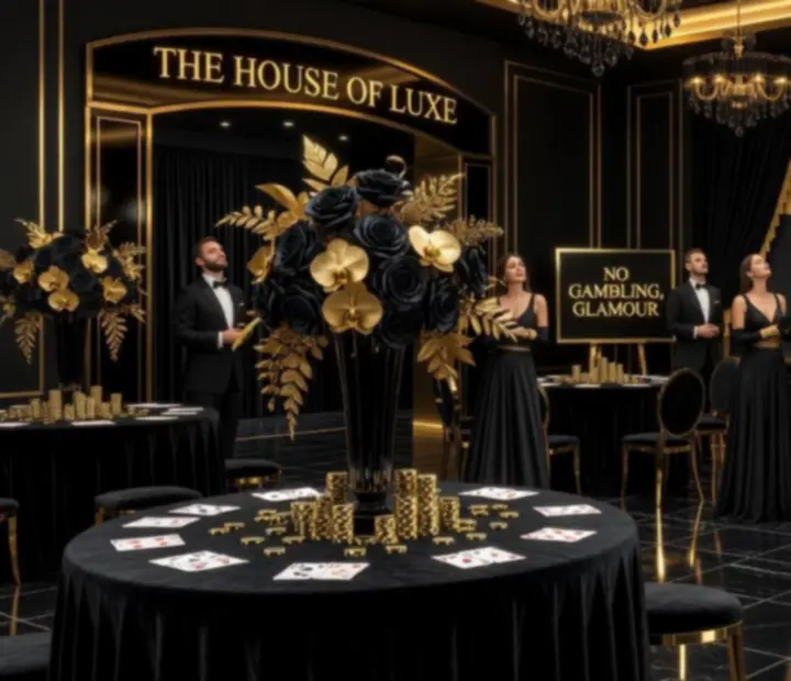 Black and gold casino-themed décor with styled tables and lighting