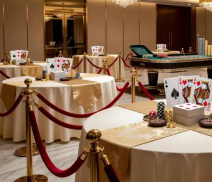 Luxury casino-themed décor with gold accents, velvet fabrics and elegant lighting