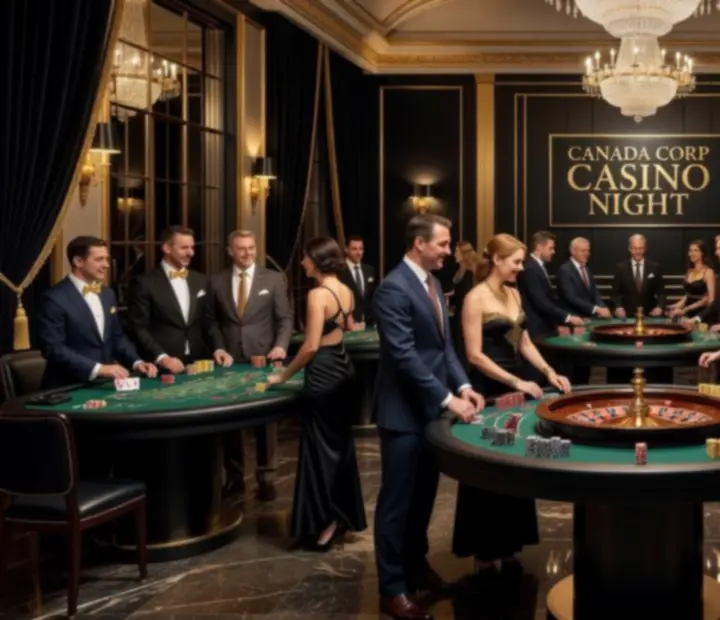 Corporate casino night with roulette and blackjack tables in a luxury black-and-gold setting