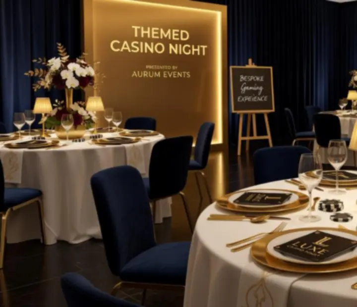 Custom casino-themed décor with gold accents and branded details for an event