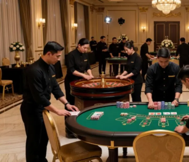 Behind-the-scenes view of Callvoroo Events casino-style table setup and décor