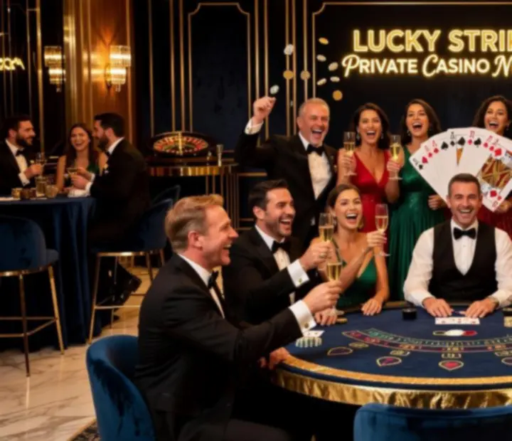 Guests enjoying interactive casino-themed entertainment with photo backdrops and props