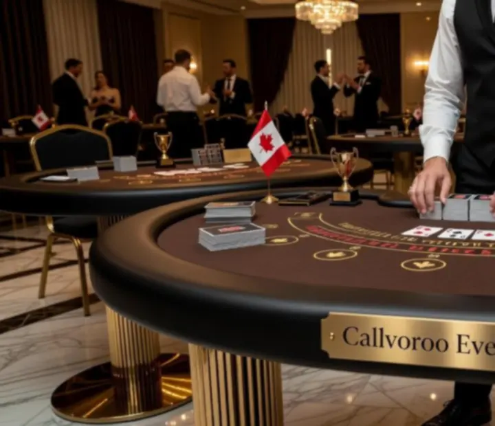 Luxury casino-themed event setup with poker and roulette tables