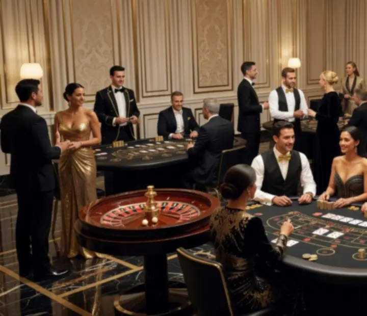 Upscale casino-themed event with roulette, blackjack and poker tables