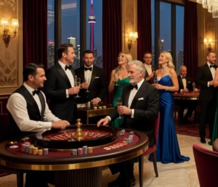 Luxury private casino party setup with roulette, blackjack and poker tables