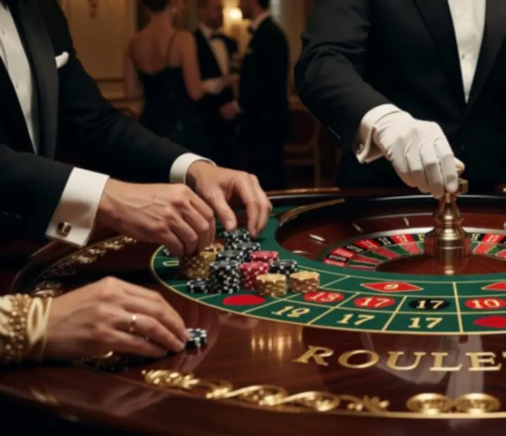Roulette table in action with guests gathered around a spinning wheel