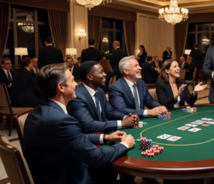 Team members gathered around a casino-style table during a corporate team-building night